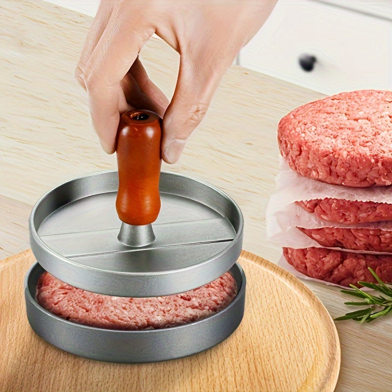 Grey Metal Burger Press with Non-Stick Coating and Wooden Handle