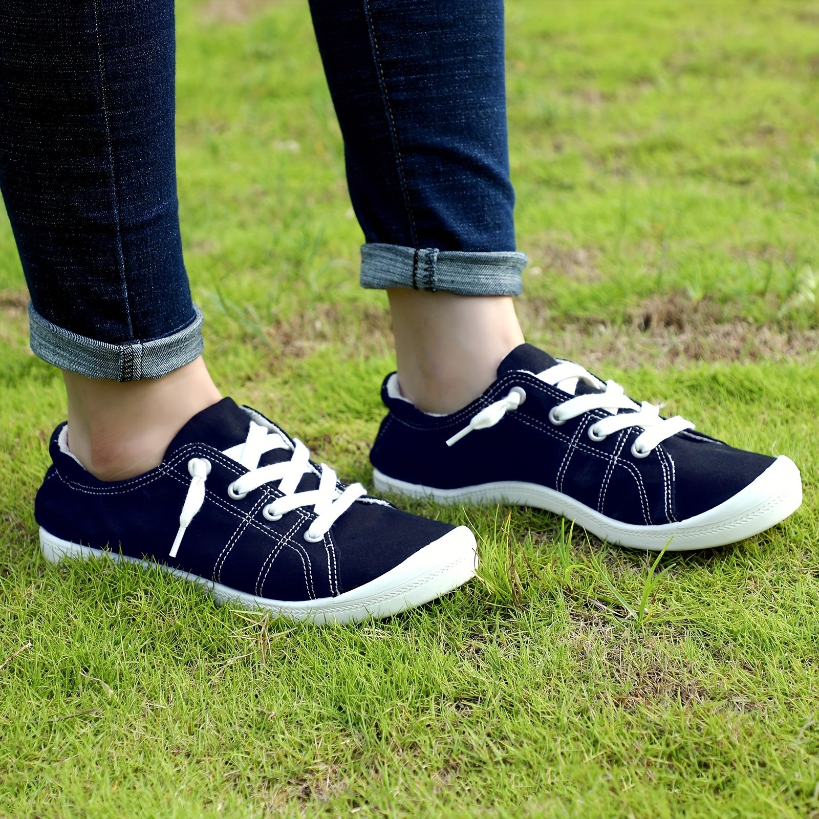 Women's Canvas Lace-Up Sneakers, Solid Color Casual Walking Shoes