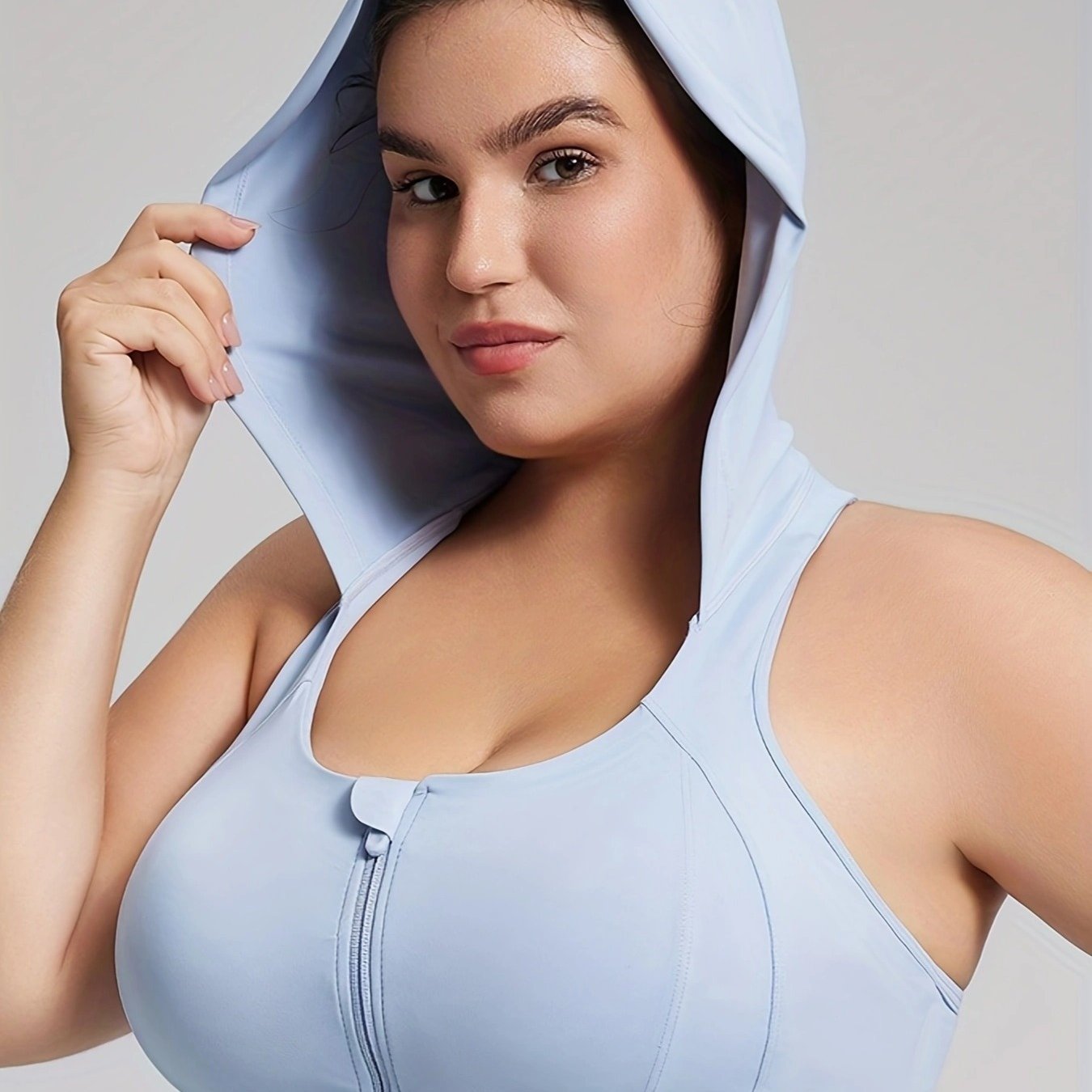 Plus Size Workout Zipper Front Bra with Hood and Chest Pads Activewear