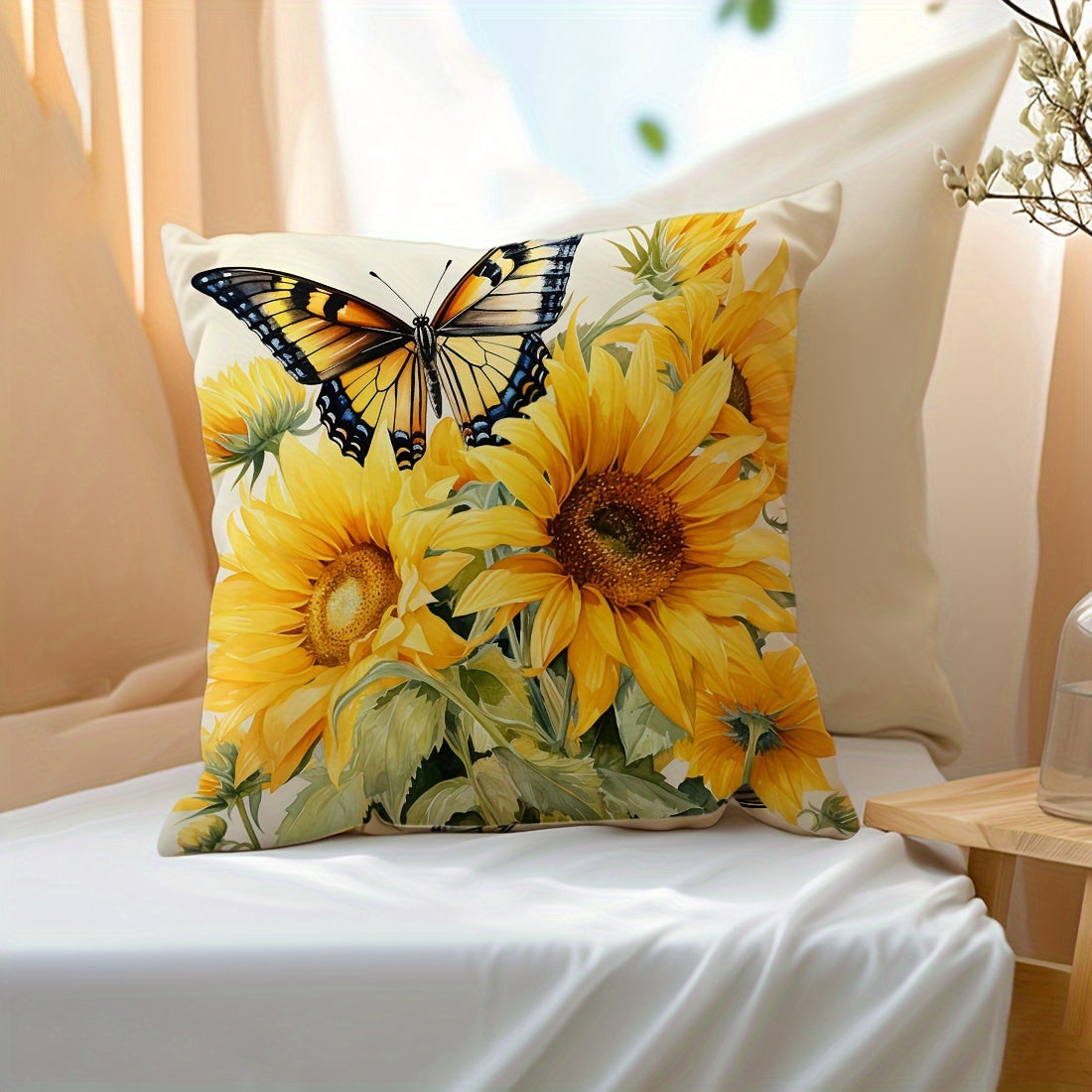 Sunflower Butterfly Design Throw Pillow Cover 45x45cm Peach Skin Velvet Decorative Sofa Bed Bedroom