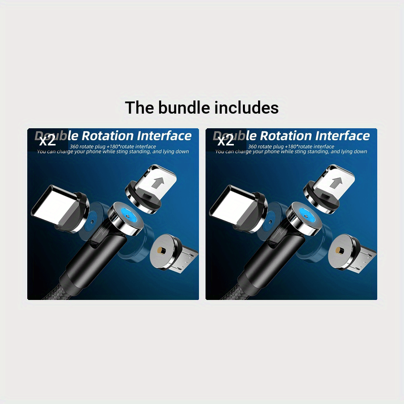 540 Rotate Magnetic Charging Cable with 3 Plugs for Fast Charging Micro USB Type C iPhone