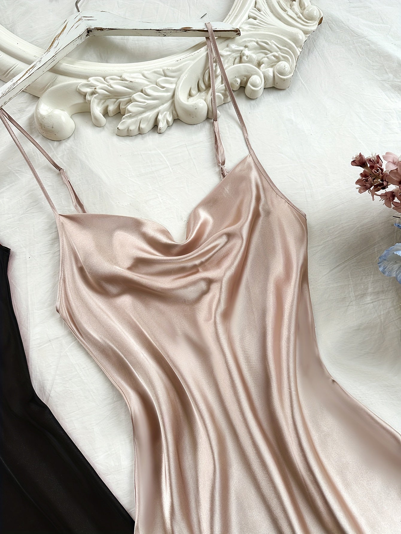 Women's Satin Turtleneck Sleep Dress Backless Split Solid Color Nightgown All-Season