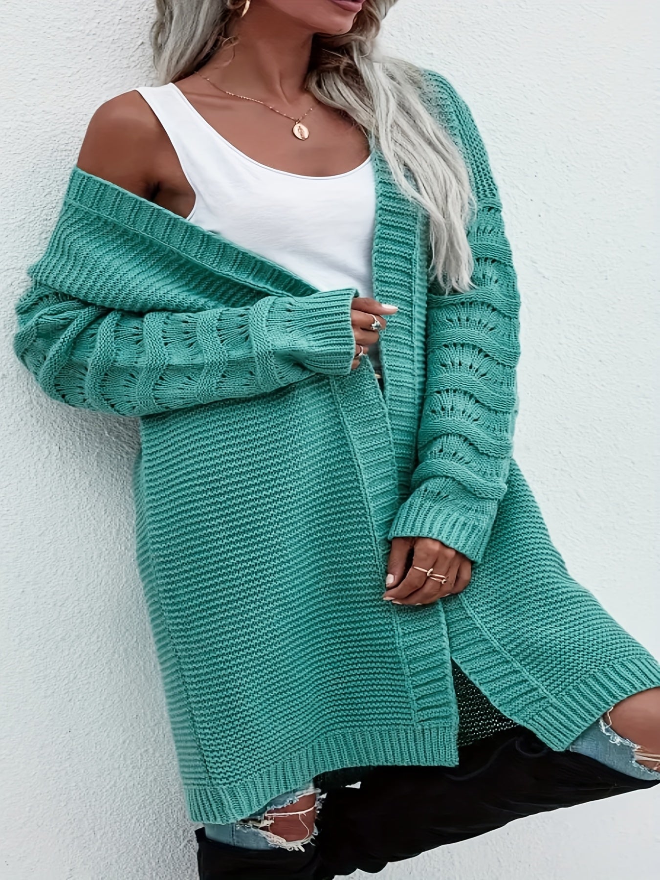 Plus Size Long Cardigan For Women Solid Color Open Front Casual Fall Winter