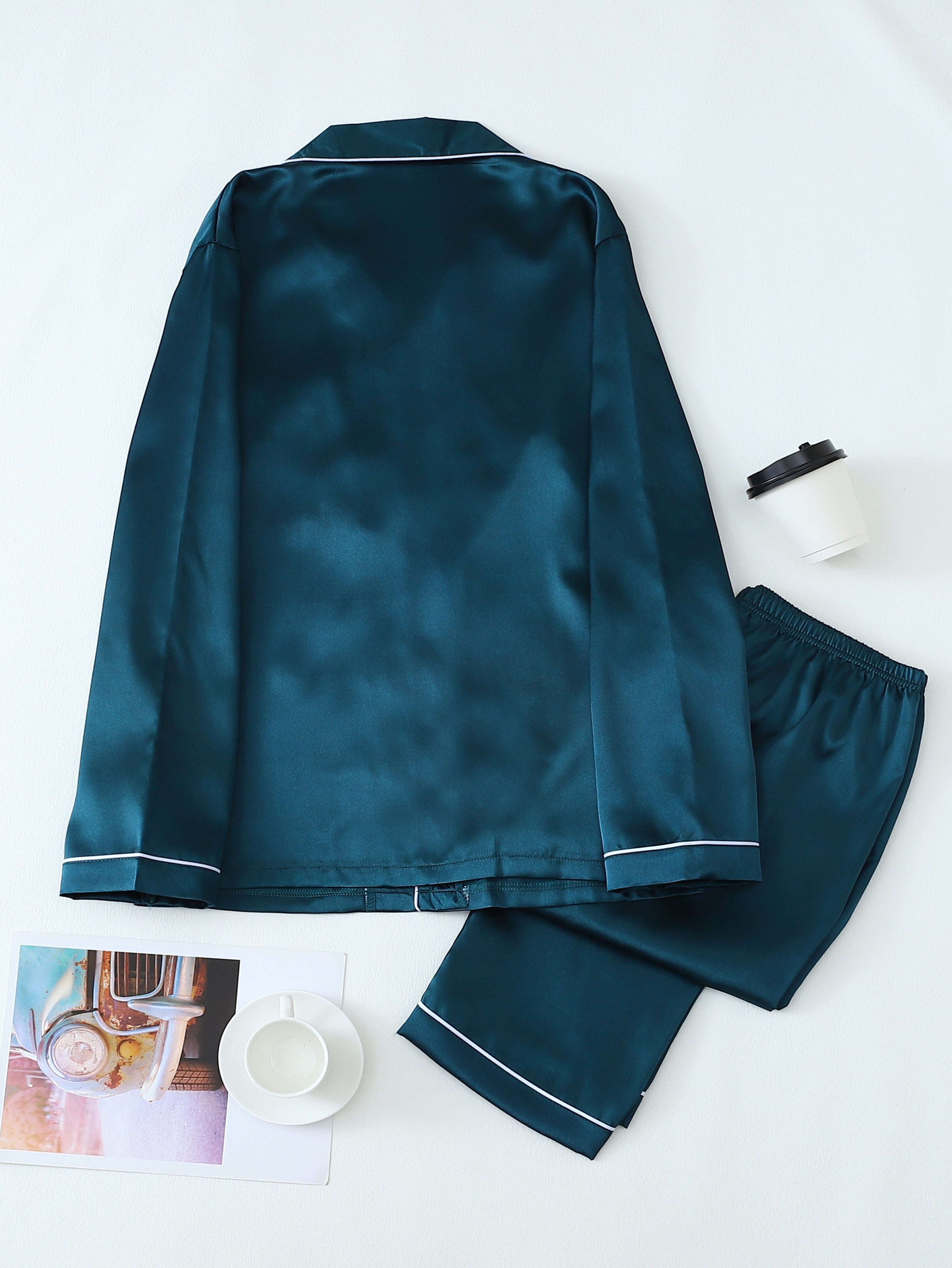 Conjunto de pijama de satén para hombre, manga larga, de color sólido, casual, con botones, para otoño e invierno