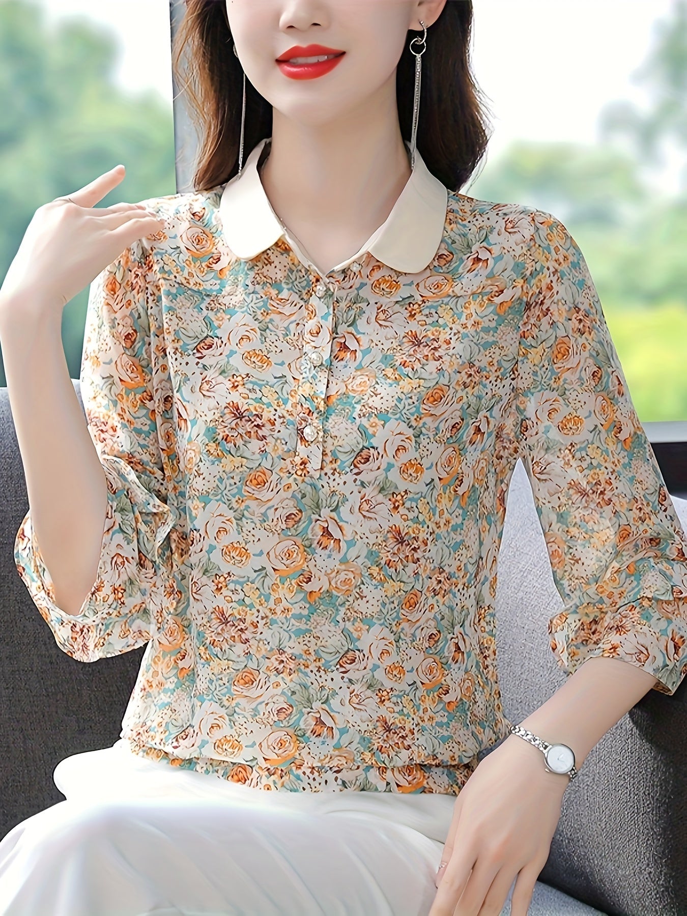 Plus Size Floral Print Blouse Elegant Collared Layered Three-Quarter Sleeve Top