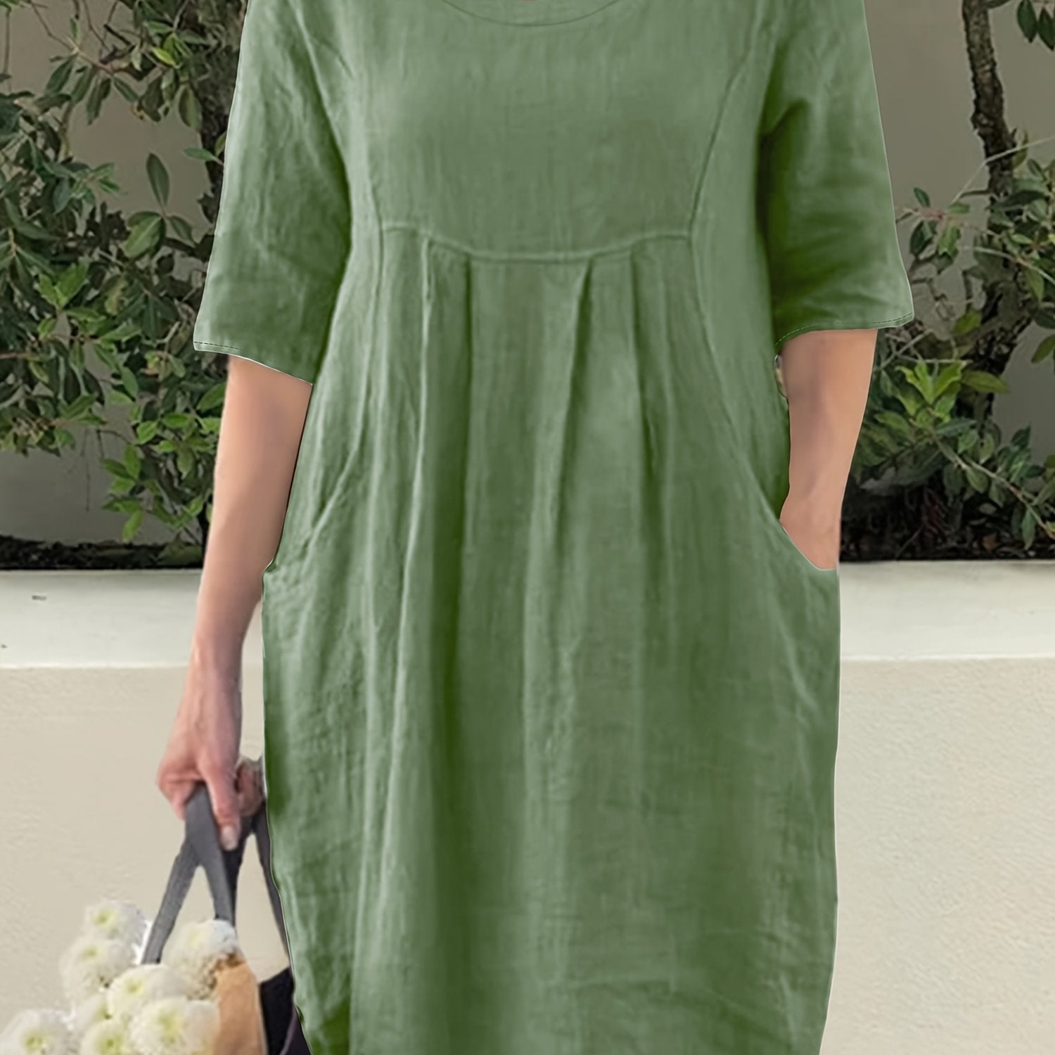 Solid Color Cotton Crew Neck Dress for Spring Fall Casual Fitted Non-Stretch