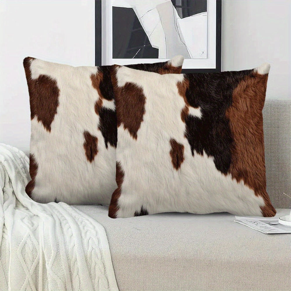 Set of 2 Farmhouse Cowhide Print Pillow Covers 45.72x45.72 cm Flannel Zipper Closure