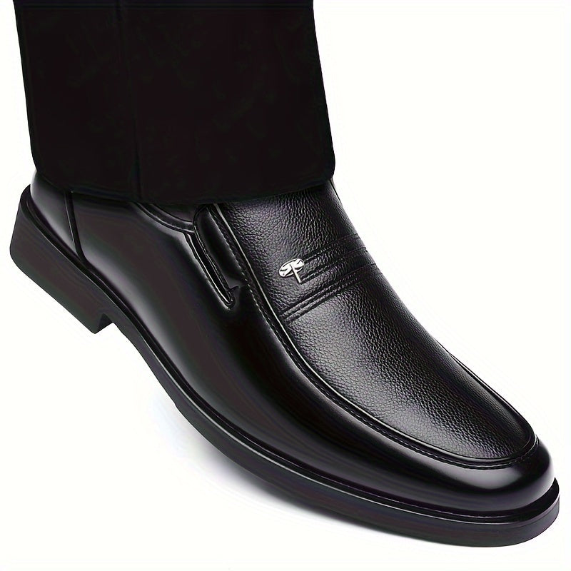 Men's Leather Loafers Black Slip-On Casual Dress Shoes Round Toe Rubber Sole All-Season