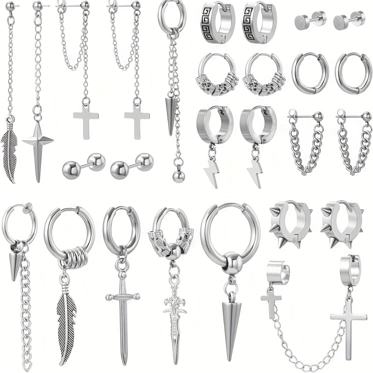 Set of 27 Stainless Steel Earrings for Men and Women Cross Feather Pendants Hoop Stud Jewelry