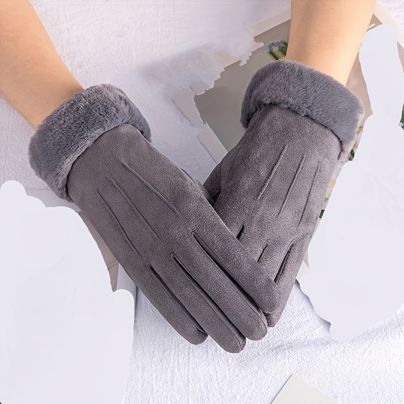 Yumshoq Plush Qulf Suede Qo'lqoplar, Qattiq Rangda, Qo'shimcha Issiqlik Uchun Velur Bilan - Ayollar Uchun Kuz va Qish Qo'lqoplari, Shamol va Sovuqdan Himoya Uchun