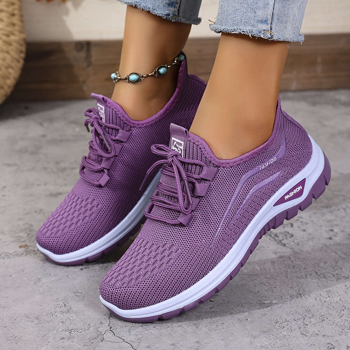 Women's Knitted Running Shoes with Lace-Up, Double-Layer Sole for Walking