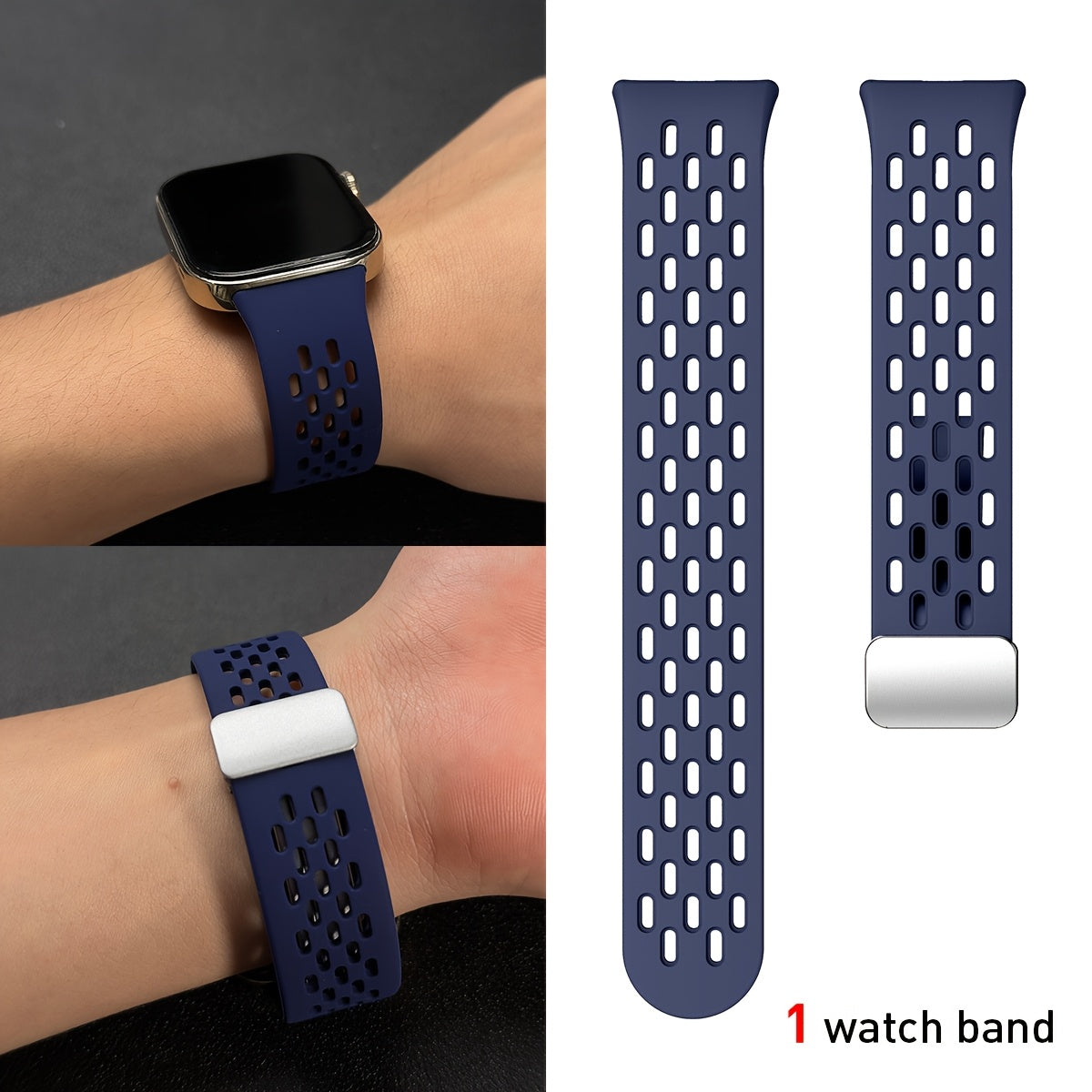 Silicone Watch Strap Breathable Multi-Hole Magnetic Folding for Fitness Tracker