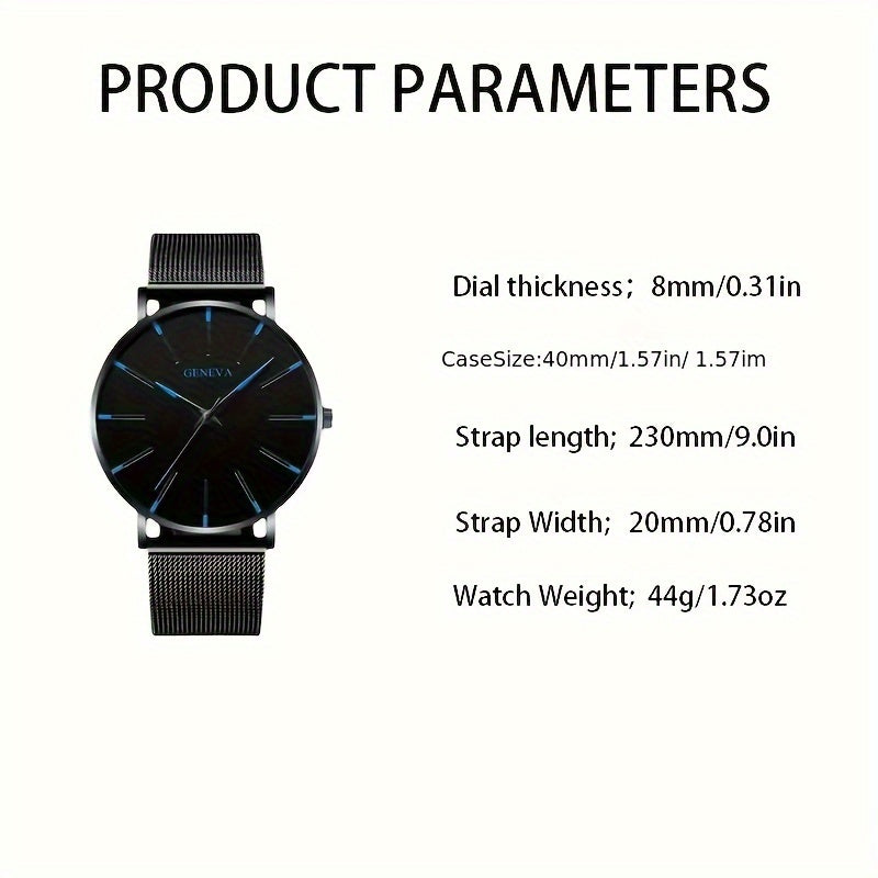 Men's Sports Casual Round Dial Mesh Strap Quartz Watch and Bracelet Set