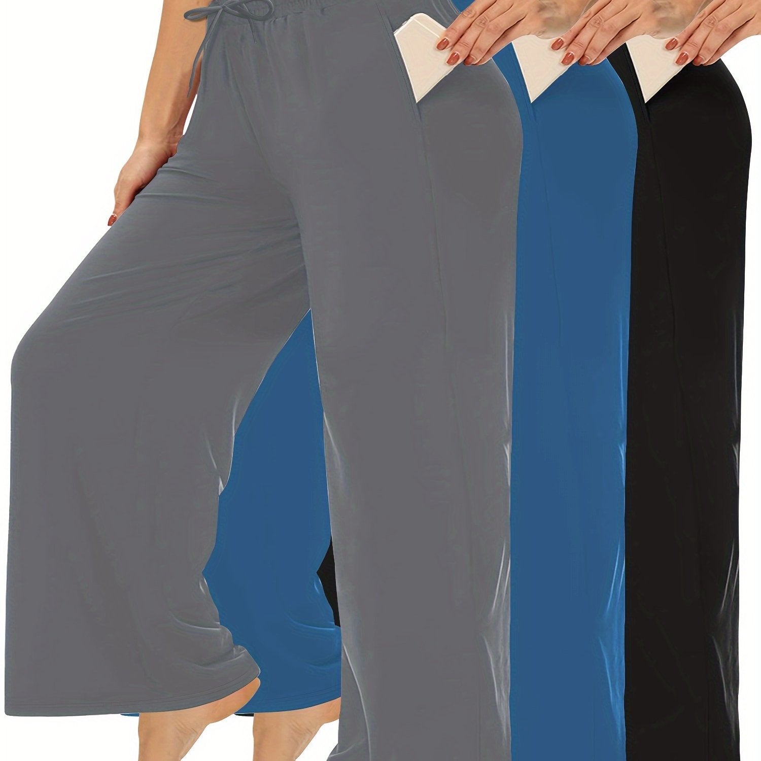 Plus Size Wide Leg Pants Elastic Waistband Drawstring Pockets Cropped Casual