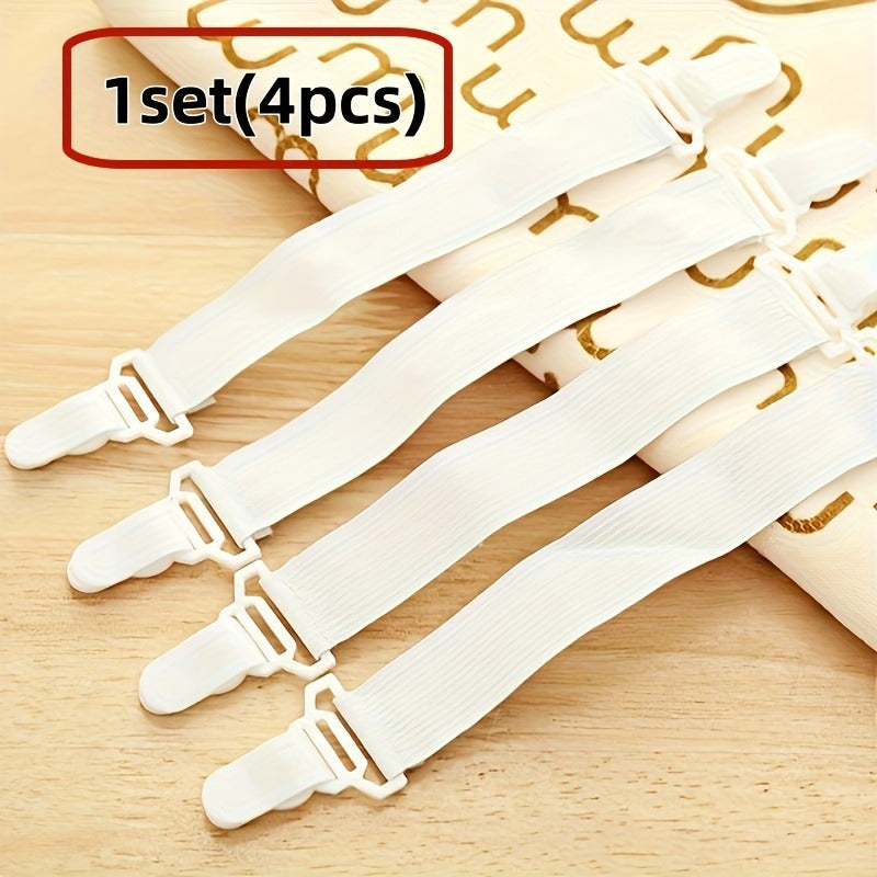 Set of 4 White Elastic Sheet Straps with Clips for Bedding and Mattress Securement