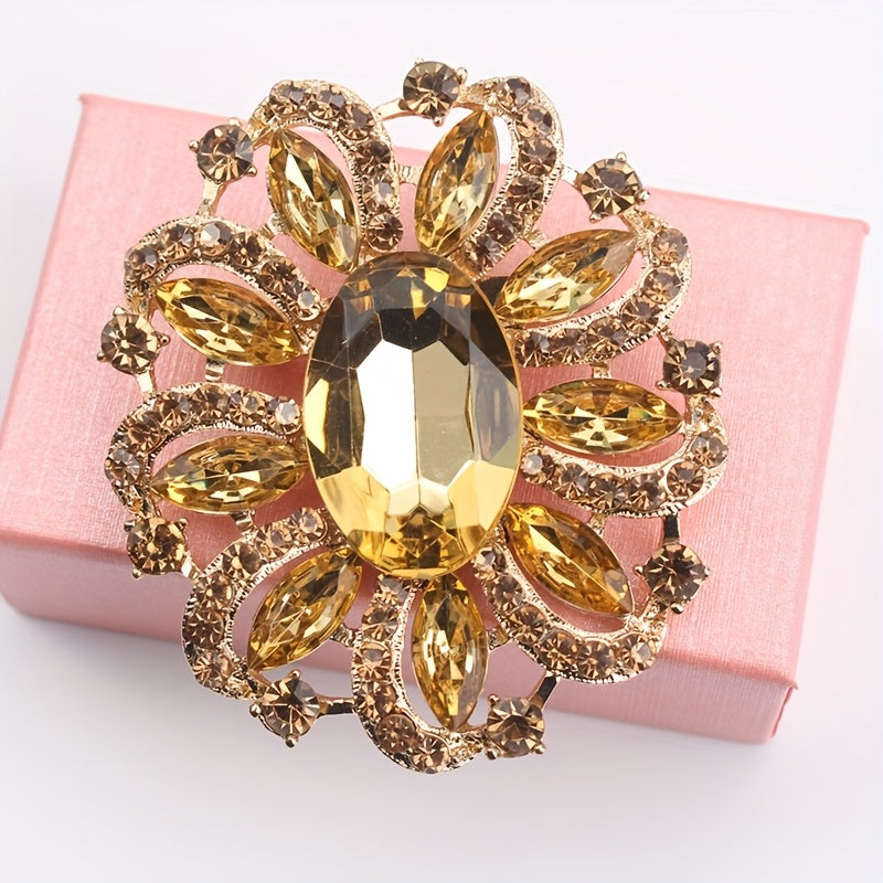 Women's Rhinestone Floral Brooch with Quadrilateral Gemstone Horse Eye Pin