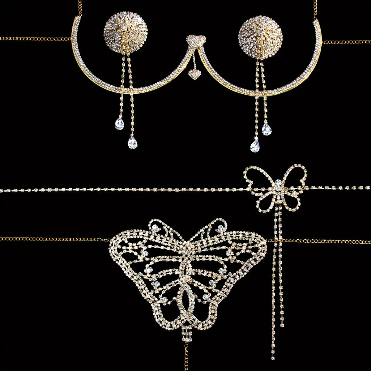 Women's Rhinestone Embellished Bikini Thong Body Chain Set, 4-Piece Collection
