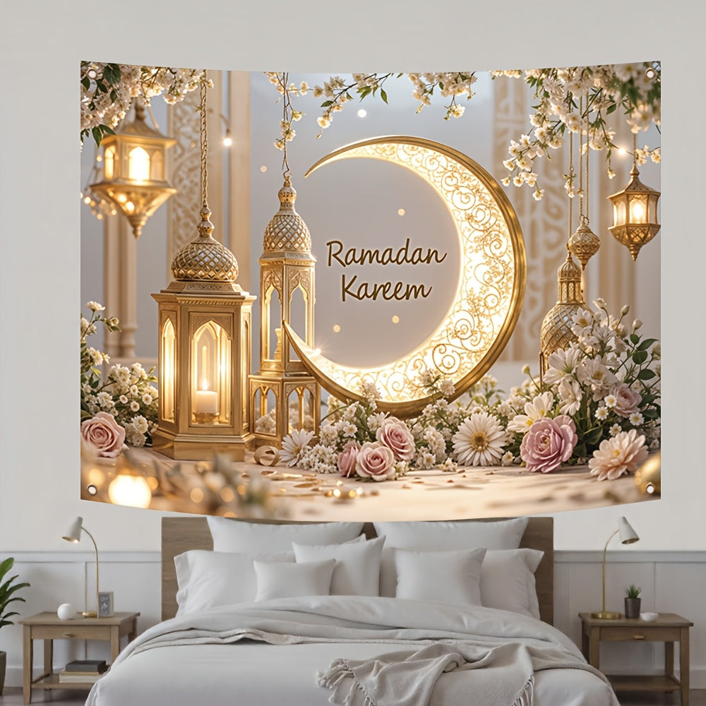 1 dona Elegant Ramazon Mural Banner, Polyester, Oltin Yarim Oy va Chiroq Dizayni bilan, Xonani va Partiyani bezash uchun mustahkam devor dekoratsiyasi, Yangi yil va Eid Al-Fitr uchun bayramona uy bezaklari