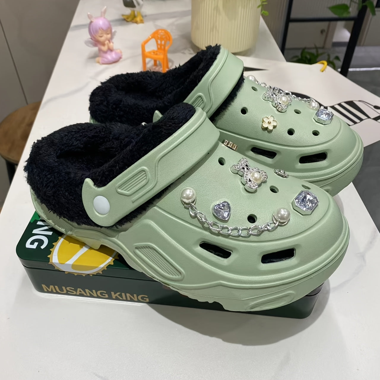 Women's Warm Plush Lined Shoes with Butterfly Heels and Bear Accessories