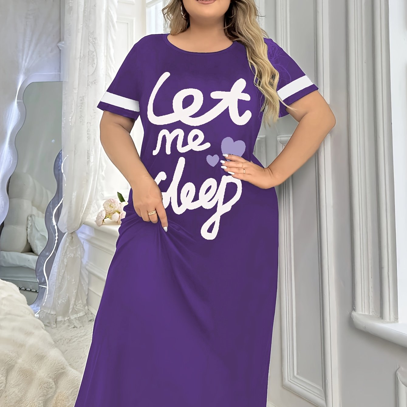 Women's Letter Print Polyester Night Dress Crew Neck Casual Sleepwear