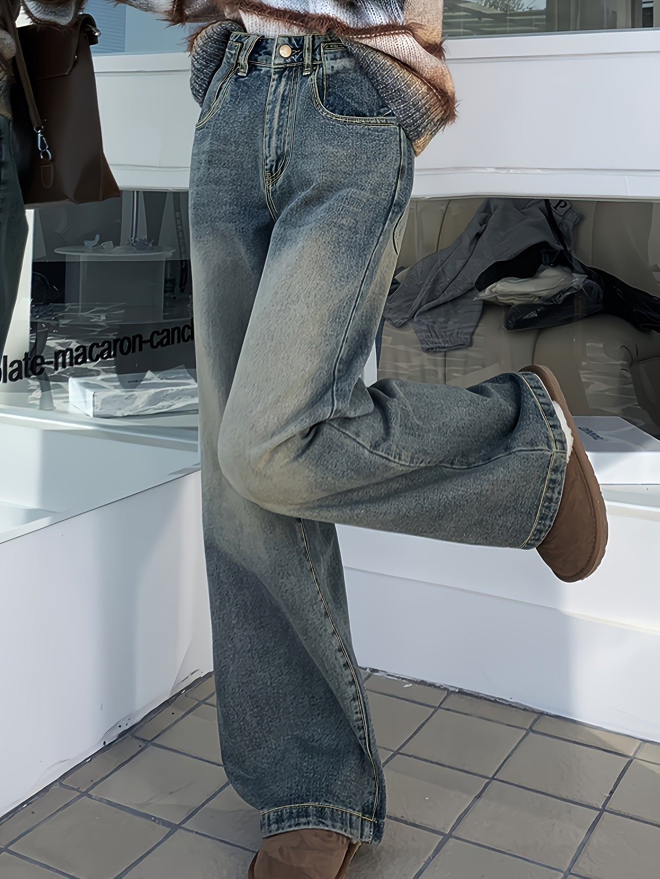 Ayollar uchun keng oyoqli denim shimlar, kundalik, bir rangli, to‘qilgan, elastik bo‘lmagan