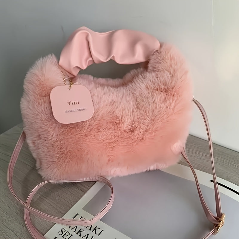 Faux Fur Crossbody Bag for Women Plush Zipper Closure Solid Color Autumn Winter