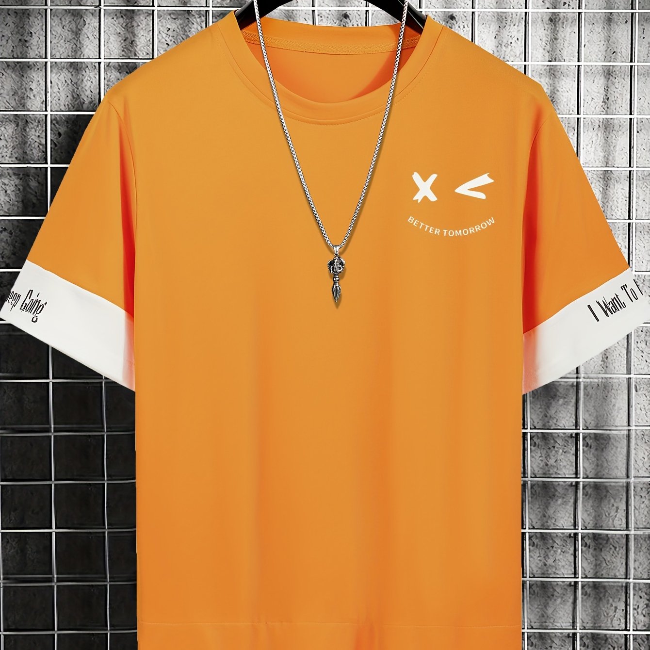 Men's Color-Blocked Short Sleeve T-Shirt with Letter Print Faux Two-Piece Summer Casual