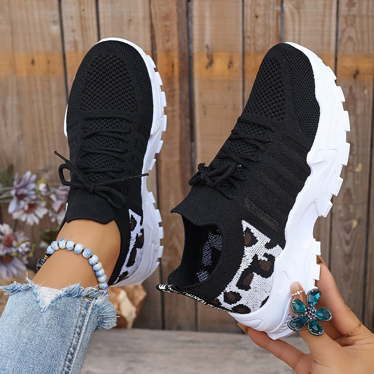 Zapatillas atléticas transpirables con estampado de leopardo para mujer, ideales para correr y hacer ejercicio