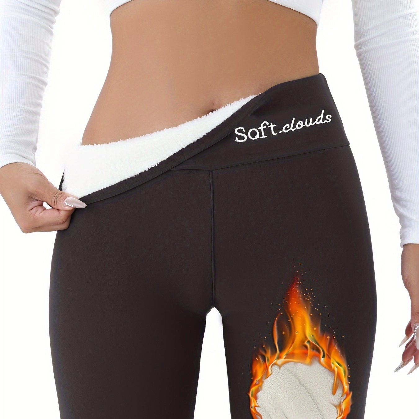 Women's Fleece-Lined Leggings with Embroidery and Flame Detail for Fall Winter