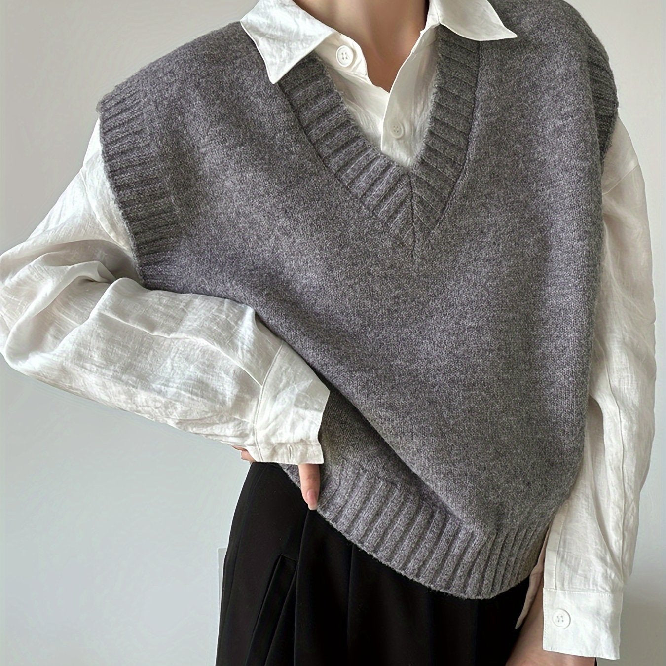 Chaleco de punto sólido sin mangas con escote en V para mujer, ideal para otoño e invierno