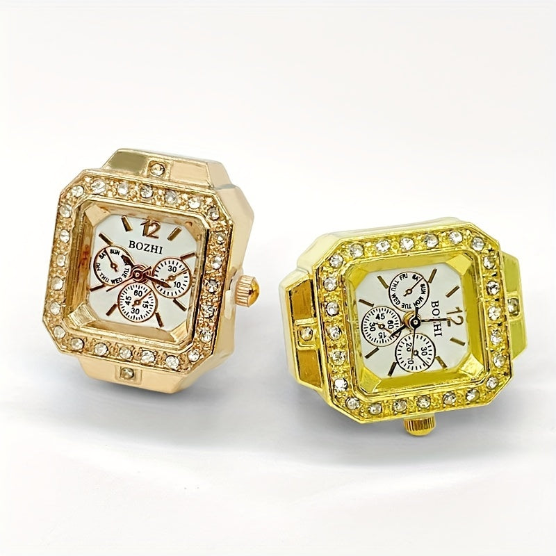 Square Quartz Finger Ring Watch for Women with Rhinestone Sparkle Jewelry