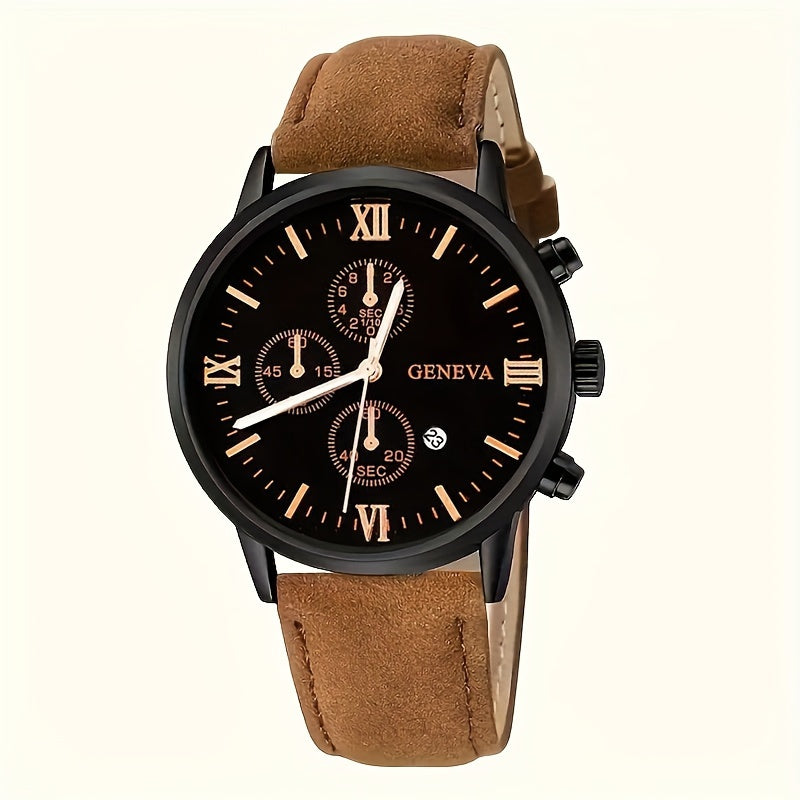 Men's Quartz Watch with Date Function Circular Dial Synthetic Leather Band Roman Numerals