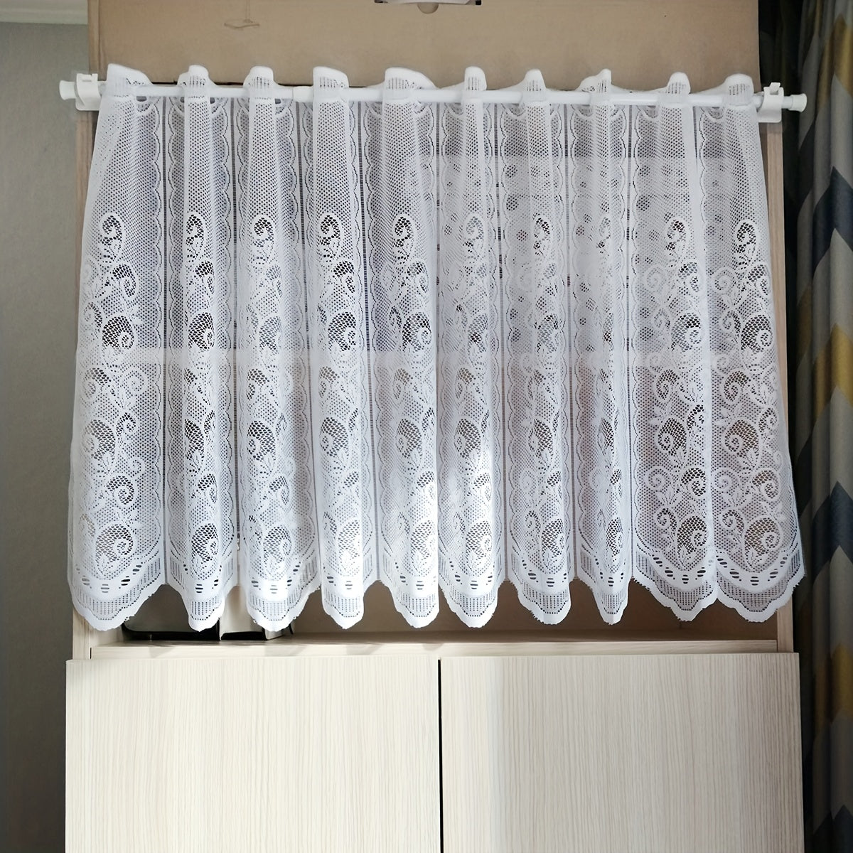 White Lace and Floral Mesh Cafe Curtain for Kitchen and Window Decor