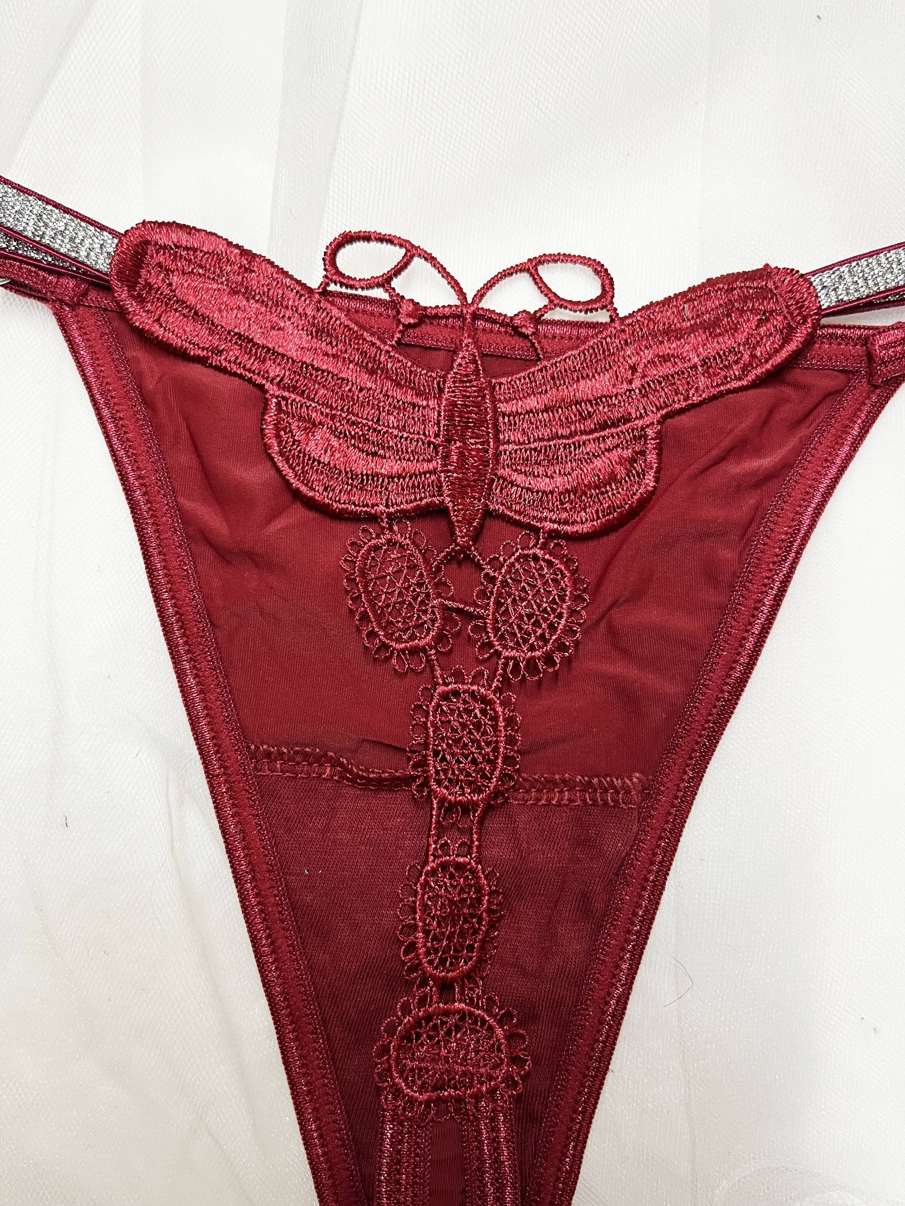 Women's Glittery Butterfly Embroidered Thong Pants with Thin Belt in Two Colors