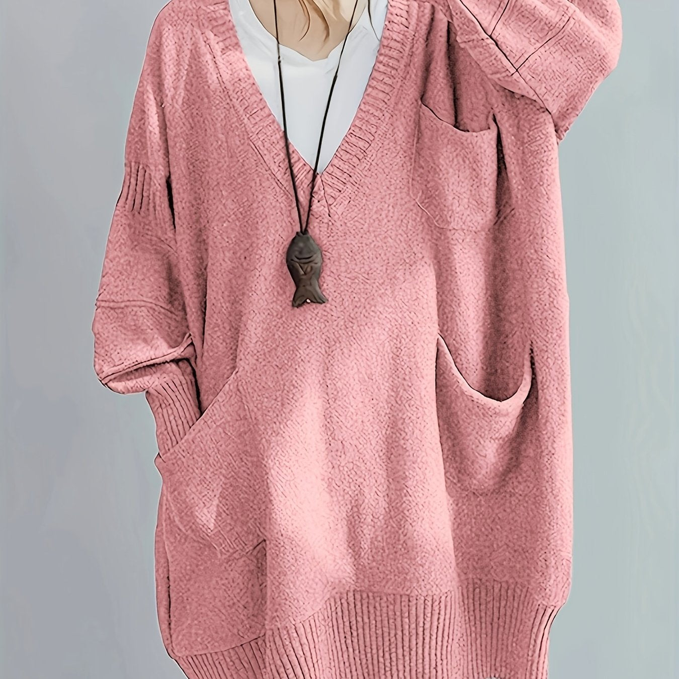 Plus Size Women's V-Neck Oversized Sweater Black Longline Casual Pullover