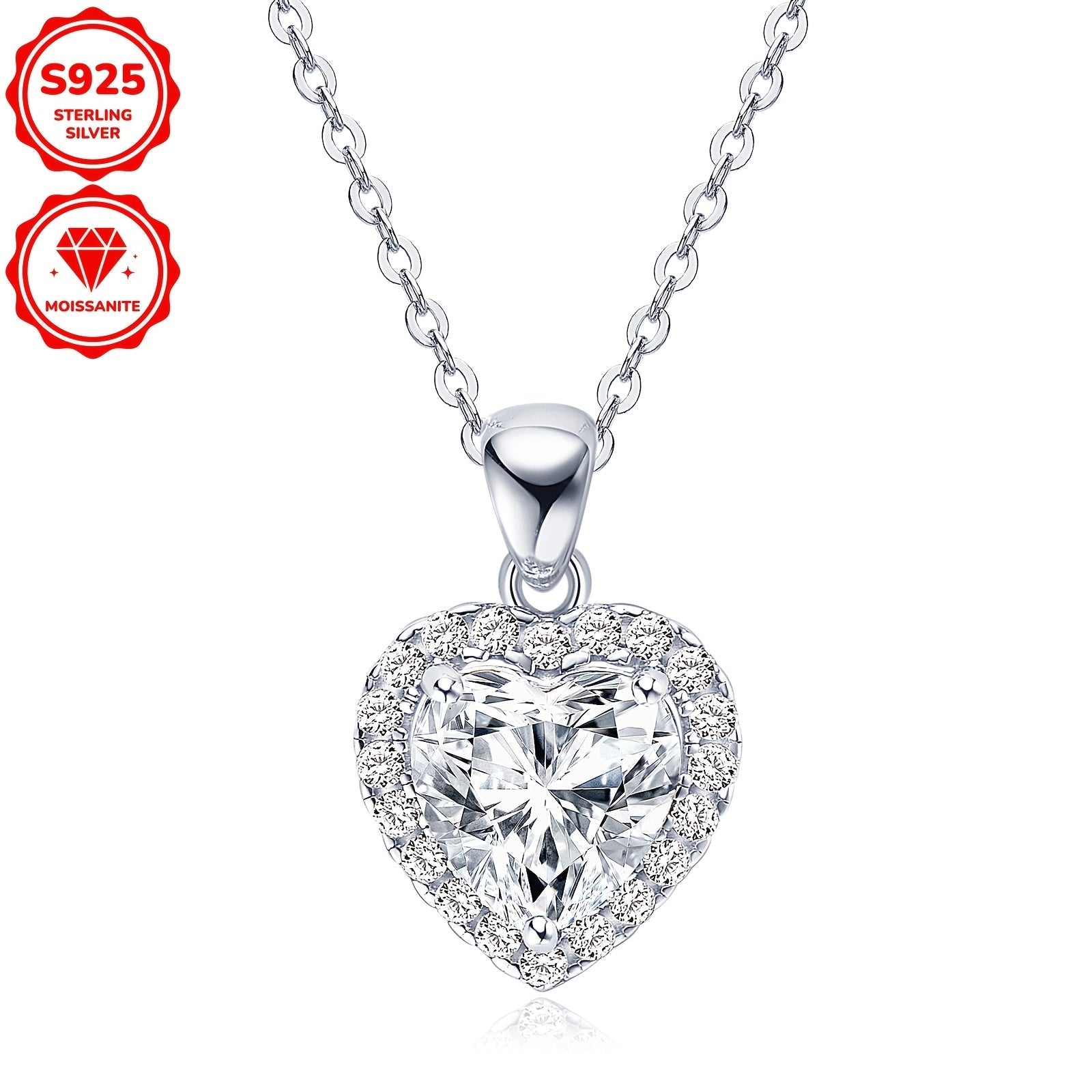 Women's Heart-Shaped Sterling Silver Necklace with 2ct Moissanite Halo Pendant