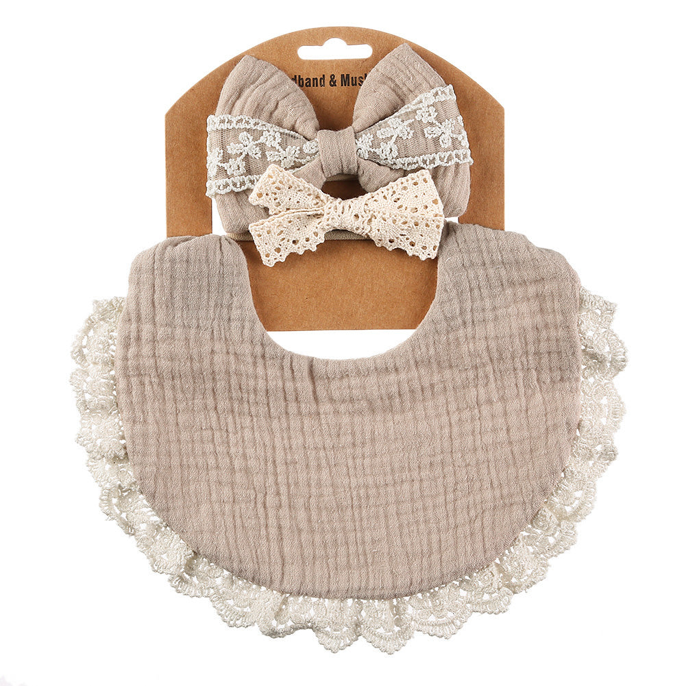 Baby Headbands and Bibs Set of Two with Stain-Resistant Baby Bib and Lace Bow Headband