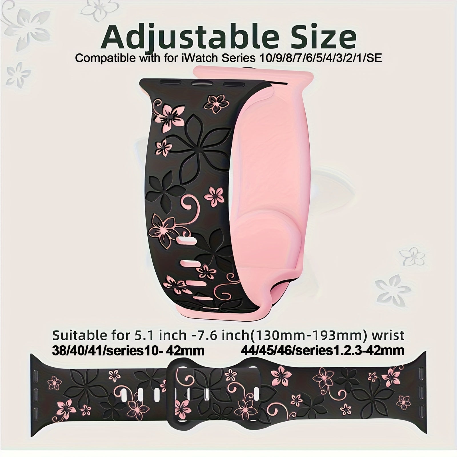 Floral Engraved Silicone Sport Band for Women Compatible with iWatch 38mm 40mm 41mm 42mm 44mm 45mm 46mm