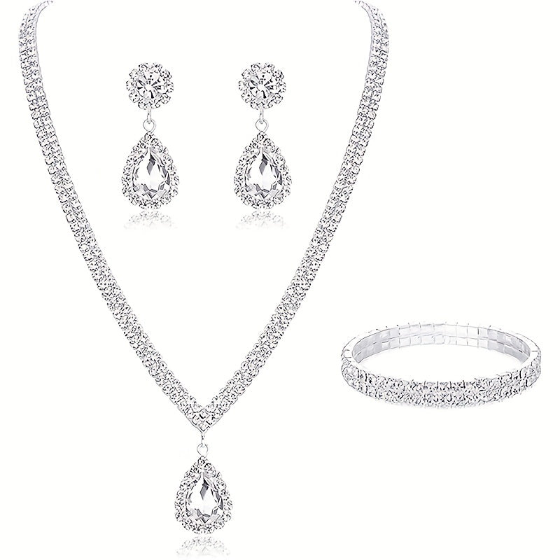 Elegant Silver Jewelry Set with Earrings Necklace Bracelet Rhinestones for Evening and Wedding