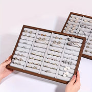Wooden Jewelry Display Box with Plush Ring Holder and Large Storage Tray