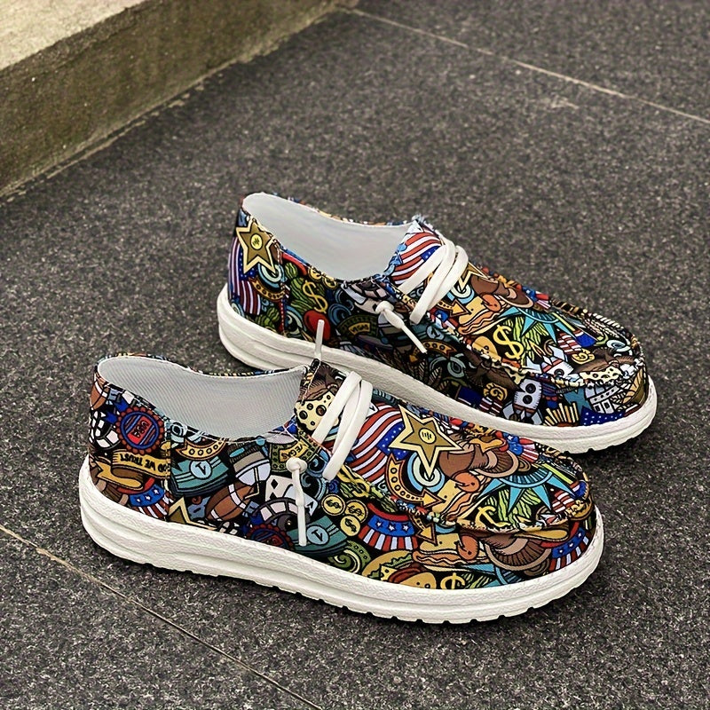Women's Canvas Slip-On Sneakers with Floral Print and Cartoon Design