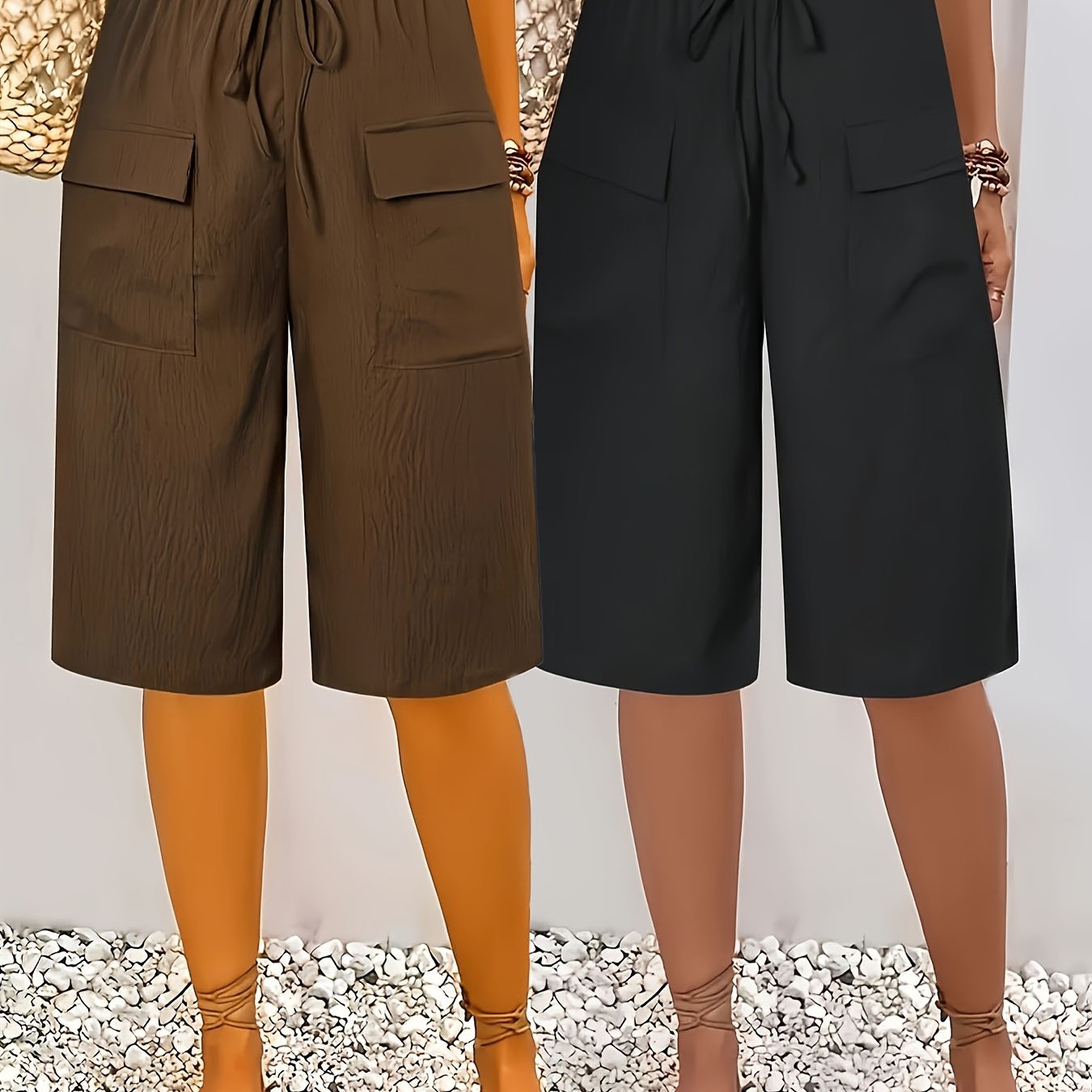 Women's Plus Size Pocket Straight Pants Set Casual Elastic Waist Solid Color