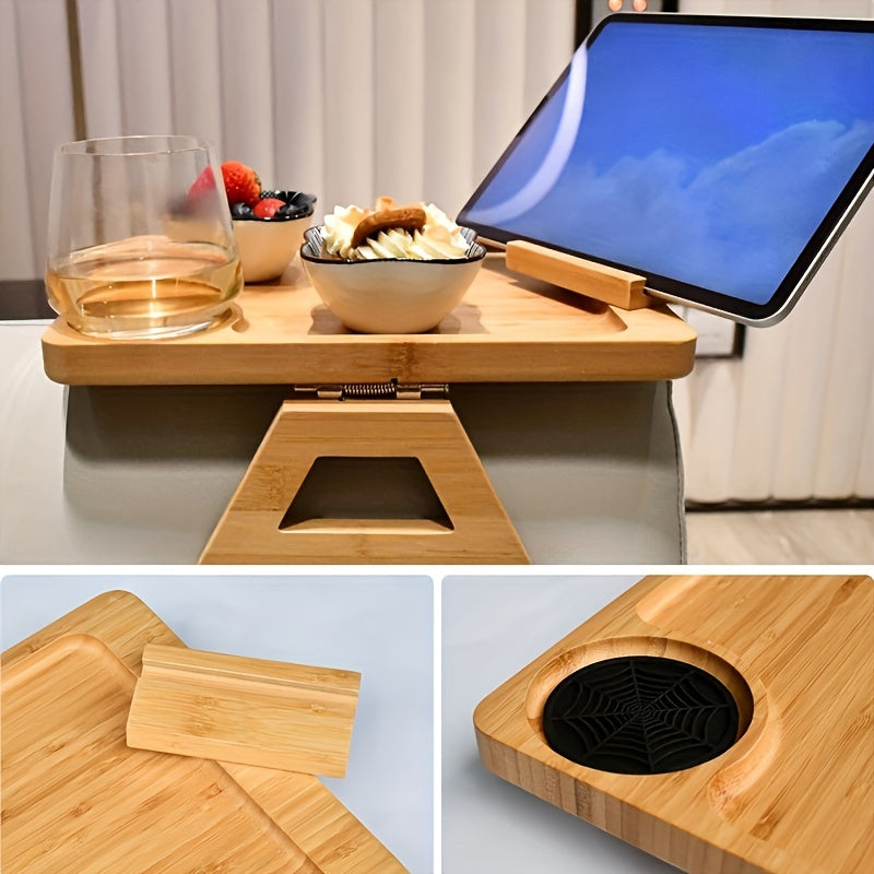 Поднос для дивана из бамбука с пристегивающимся подлокотником — складной и портативный, изготовлен из прочного желтого бамбука — идеально подходит для хранения чашек, стаканов, пультов дистанционного управления и многого другого