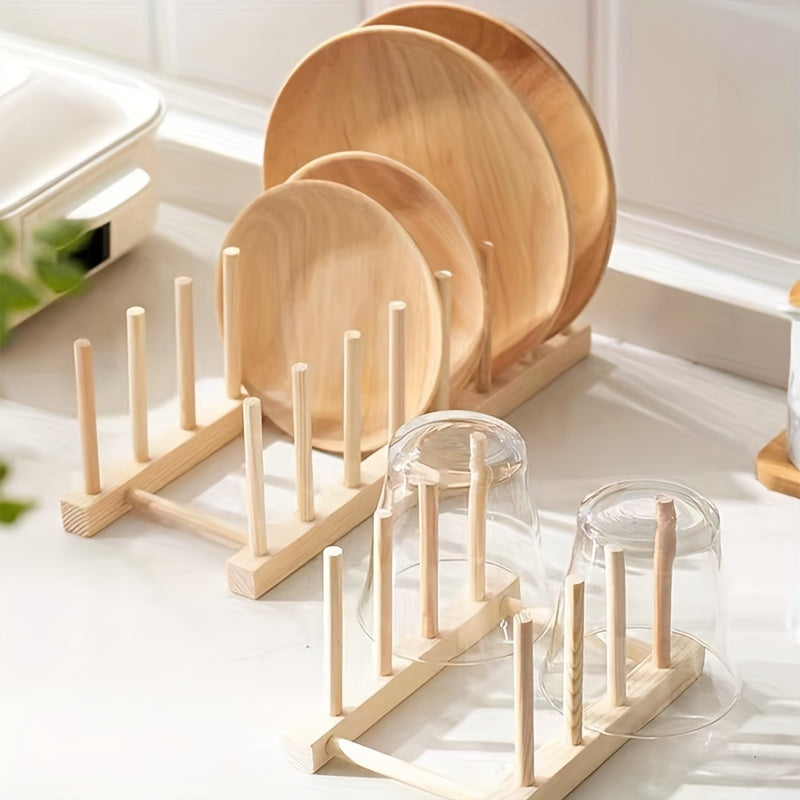 Wooden Kitchen Plate Rack Organizer for Dishes Bowls Cups and Lids