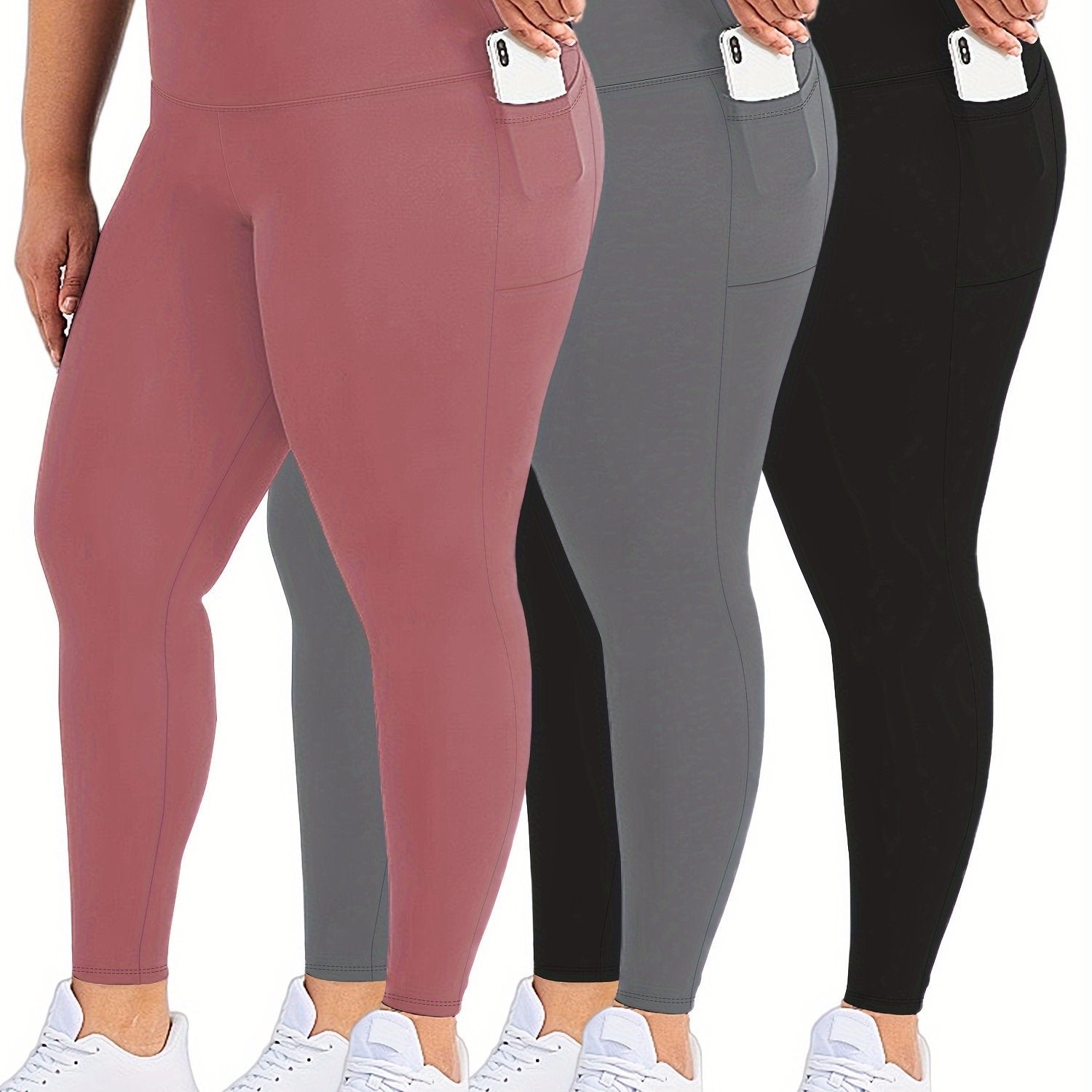 Plus Size Womens Black Pockets High Waisted Tummy Control Leggings Set