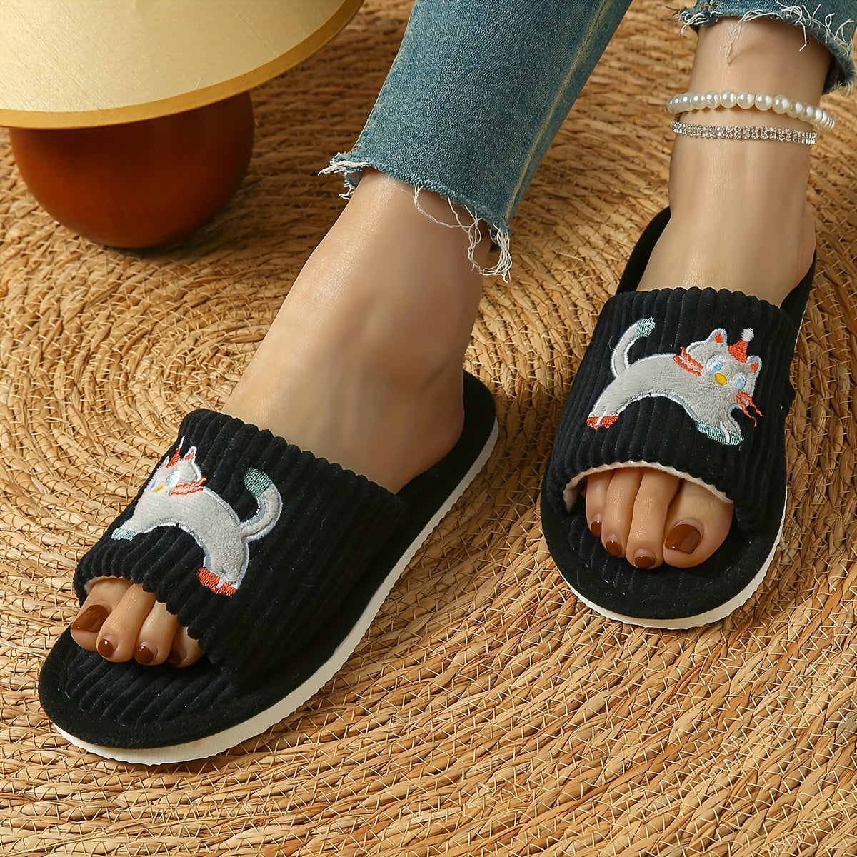 Women's Cotton Striped Cat Design Slip-On Home Slippers