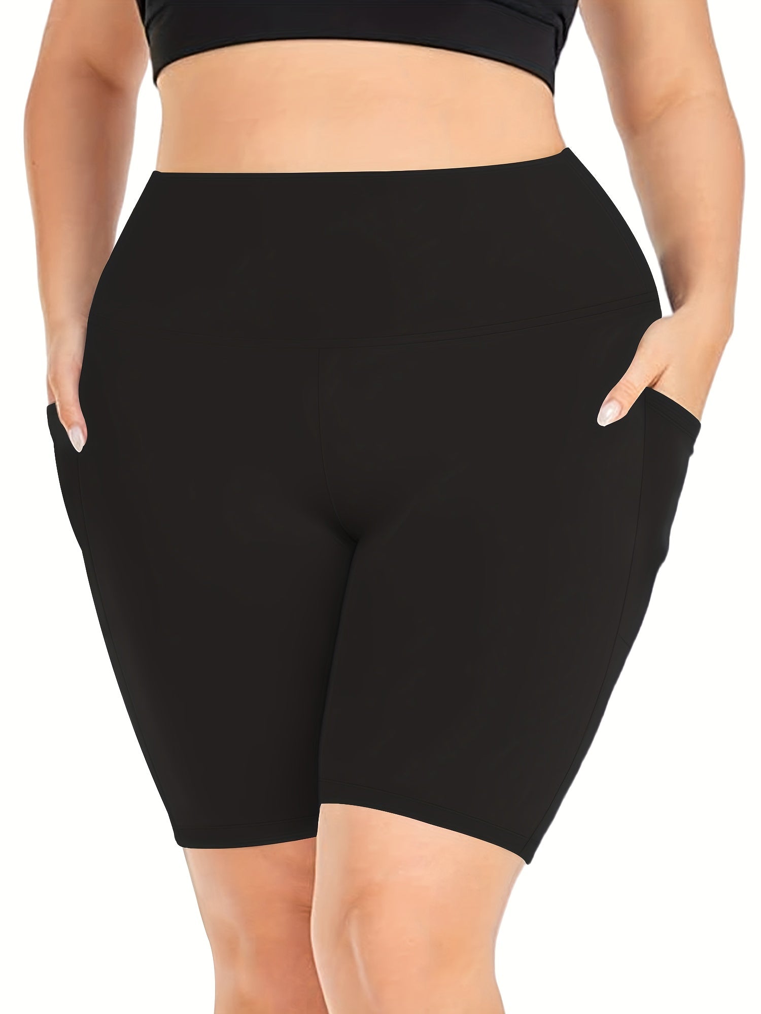 Plus Size High-Waisted Yoga Shorts Olive Green Stretchy Nylon Pockets
