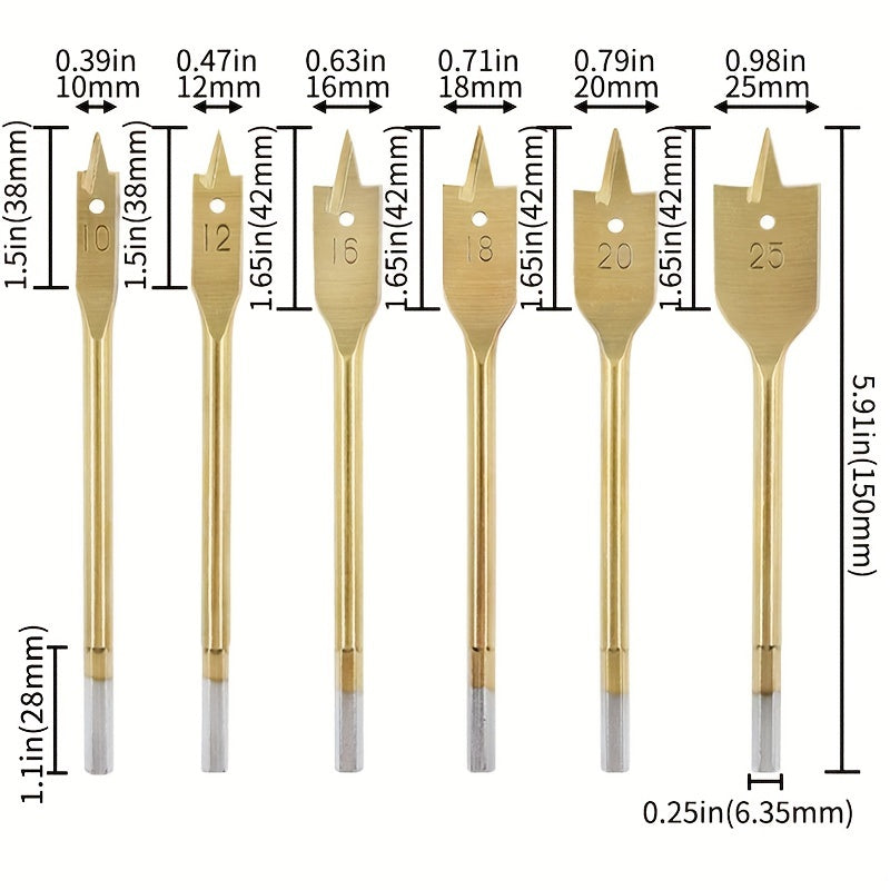 6PCS Titanium Flat Drill Bit Set for Wood Hole Opener Carpentry