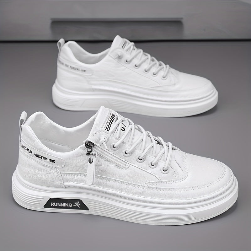 Men's White Faux Leather Sneakers with Zipper and Rubber Sole for Casual Spring 2024