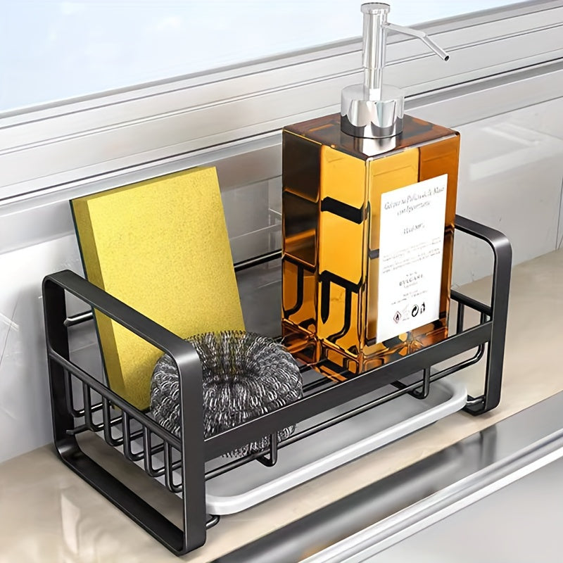 Oshxonada tartibga keling, ushbu zanglamas po'latdan yasalgan drenaj rack bilan. Asosiy narsalar bilan to'ldirilgan: gubka, po'lat to'p, qo'l sabuni, lavaboni yopish, idish sabuni, idish yuvish cho'tkasi va javon.